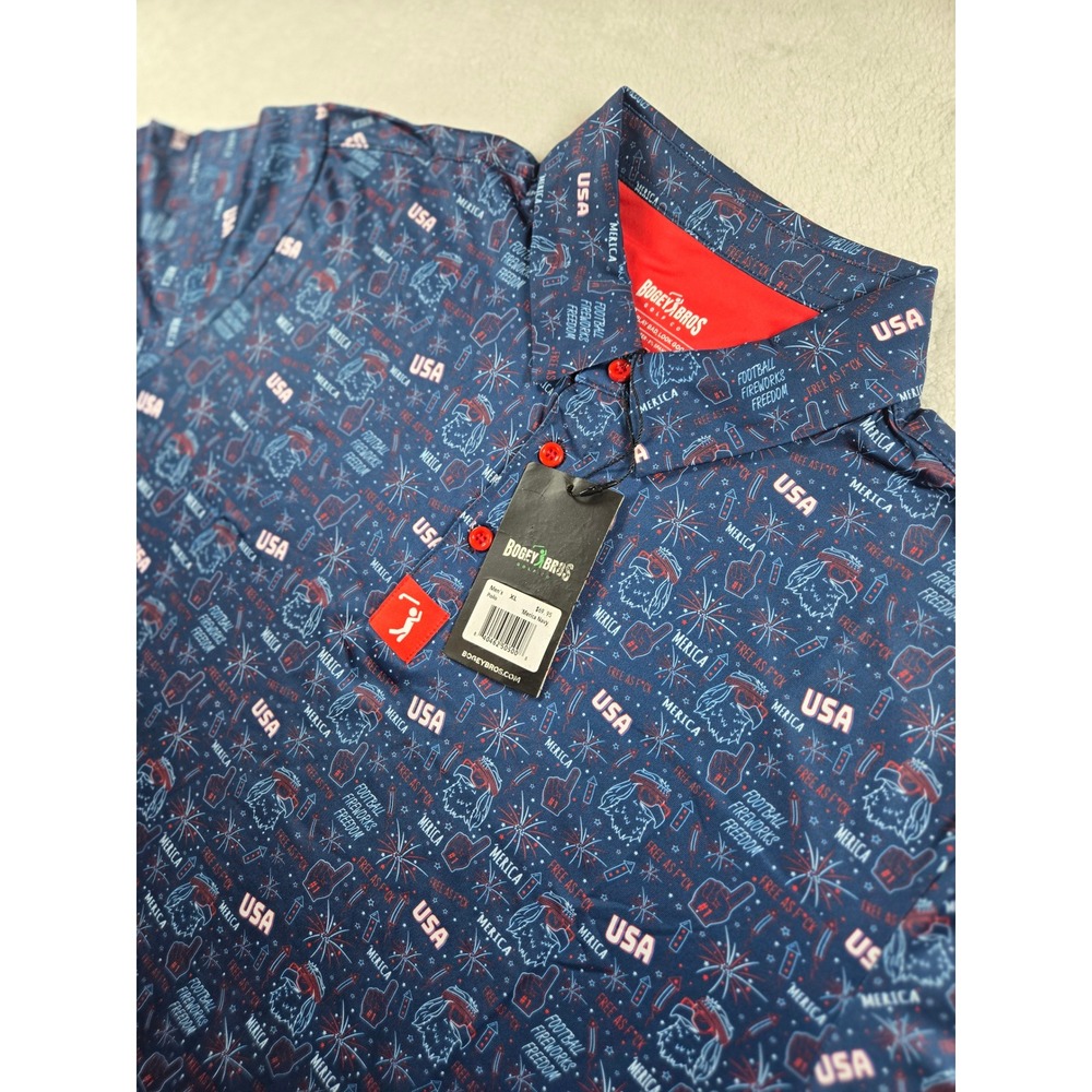 Bogey Bros Golf Co Mens XL Merica Navy Patriotic USA Eagle Fireworks Polo Shirt